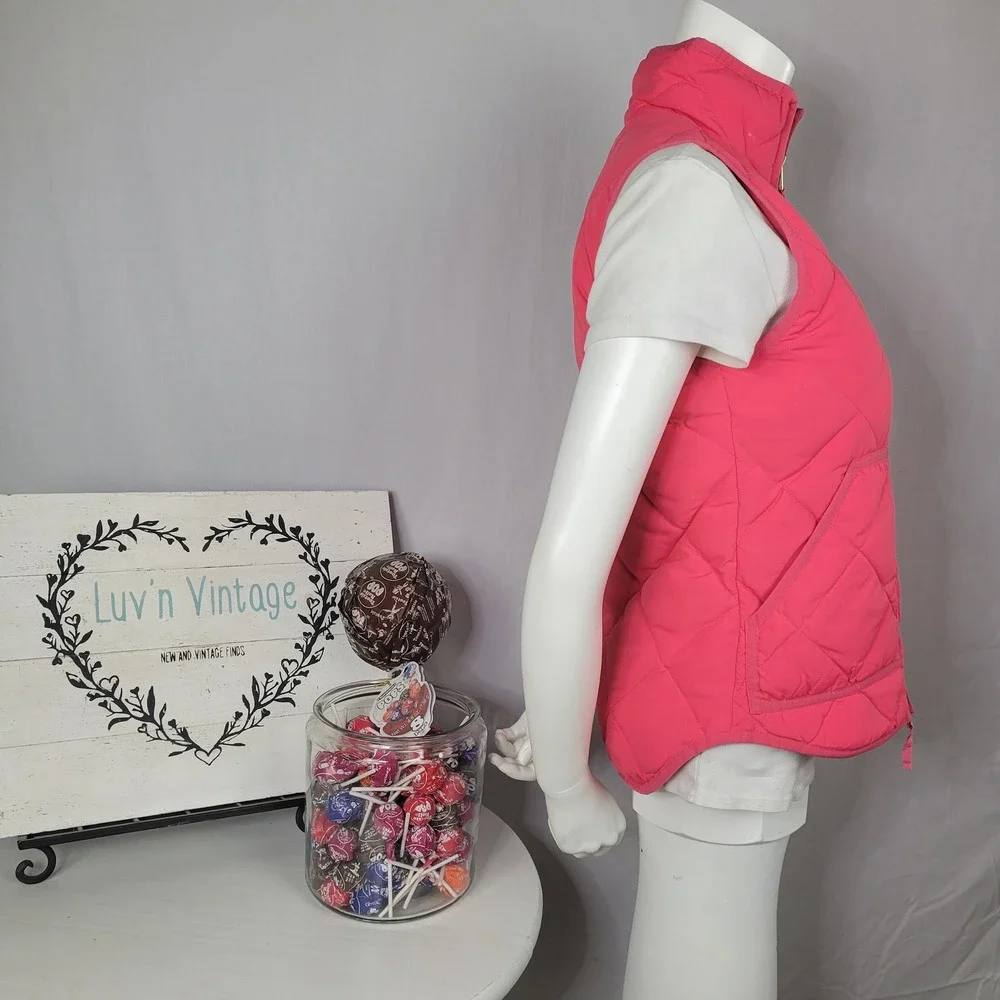 J.Crew Excursion Quilted Puffer Vest Pink XXS Gold Zip‎ Diamond Pattern